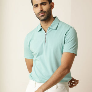 Rare Rabbit Men's Stel Pastel Green Cotton Fabric Collared Neck Zipper Closure Half Sleeves Flat Knit Polo T-Shirt
