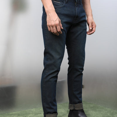 Rare Rabbit Men's Genevo Dusky Blue Mid-Rise Dark Wash Regular Fit Jeans