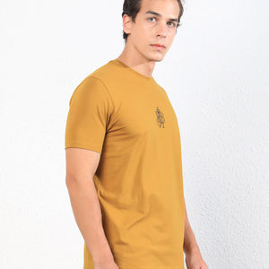 Rare Rabbit Men's Ware Mustard Cotton Lycra Fabric Crew Neck Half Sleeves Regular Fit Embroidered Monogram T-Shirt