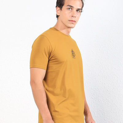 Rare Rabbit Men's Ware Mustard Cotton Lycra Fabric Crew Neck Half Sleeves Regular Fit Embroidered Monogram T-Shirt