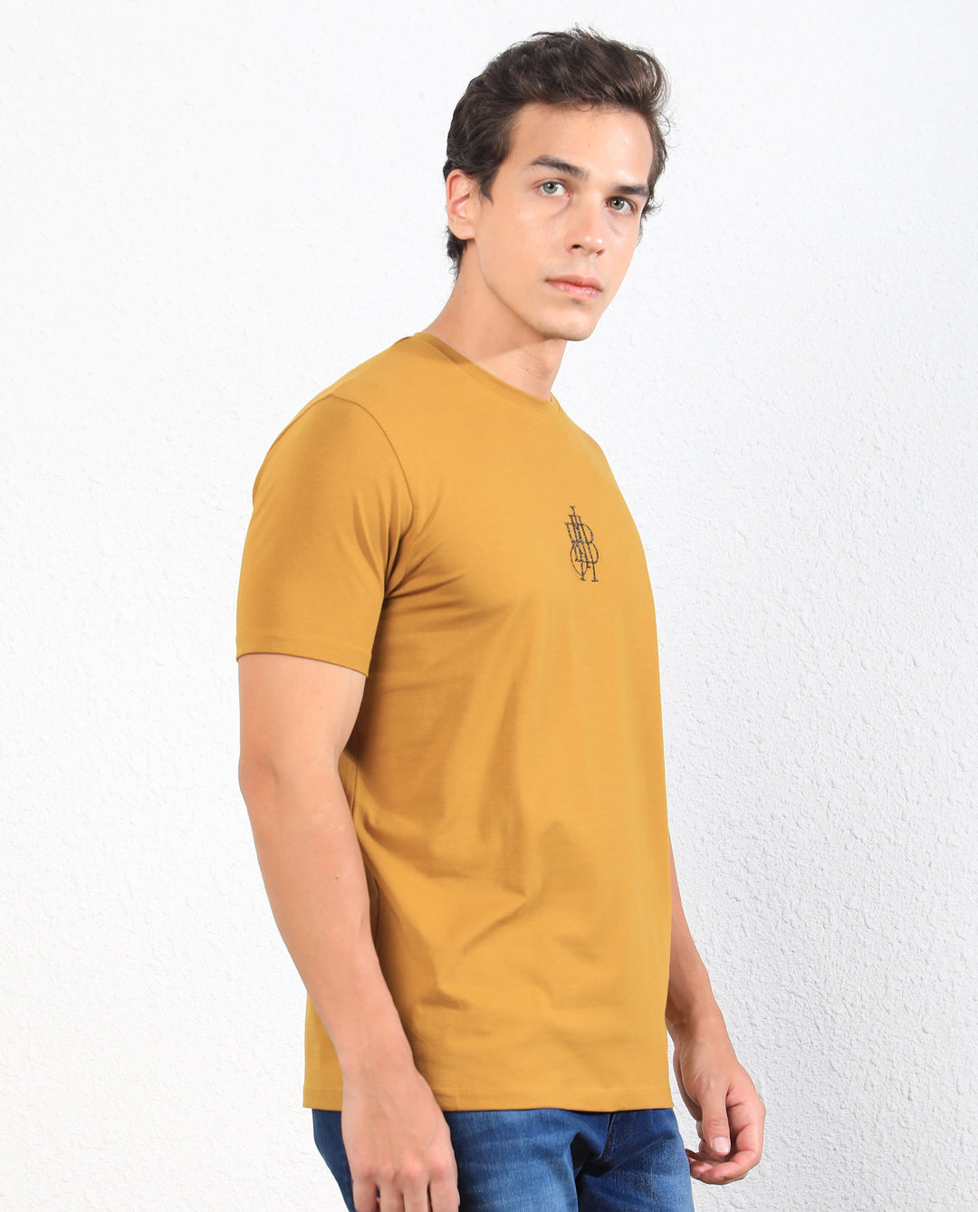 Rare Rabbit Men's Ware Mustard Cotton Lycra Fabric Crew Neck Half Sleeves Regular Fit Embroidered Monogram T-Shirt