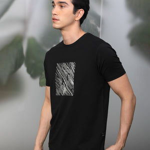 Rare Rabbit Men's Otter Black Cotton Lycra Fabric Half Sleeves Graphic Print T-Shirt