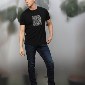 Rare Rabbit Men's Otter Black Cotton Lycra Fabric Half Sleeves Graphic Print T-Shirt