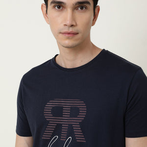 RARE RABBIT MENS NEAR NAVY T-SHIRT COTTON FABRIC SLIM FIT CREW NECK SHORT SLEEVE GRAPHIC PRINT