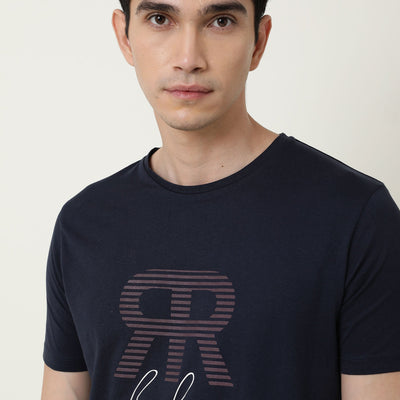 RARE RABBIT MENS NEAR NAVY T-SHIRT COTTON FABRIC SLIM FIT CREW NECK SHORT SLEEVE GRAPHIC PRINT
