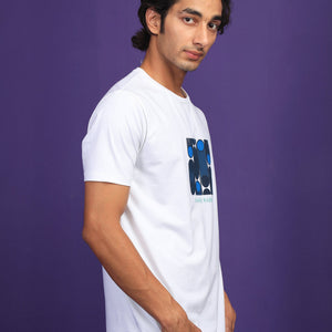 Rare Rabbit Men's Forest White Crew Neck Placement Graphic Print Slim Fit T-Shirt