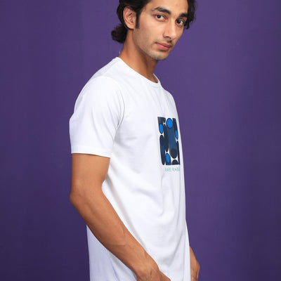 Rare Rabbit Men's Forest White Crew Neck Placement Graphic Print Slim Fit T-Shirt