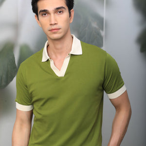 Rare Rabbit Men's Carmelo Olive Cotton Fabric Johnny Collar Contrasting Sleeves And Collar Half Sleeve Polo T-Shirt
