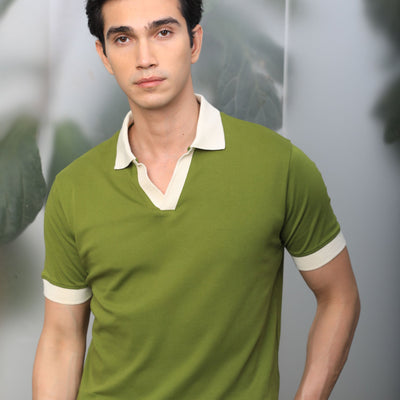 Rare Rabbit Men's Carmelo Olive Cotton Fabric Johnny Collar Contrasting Sleeves And Collar Half Sleeve Polo T-Shirt