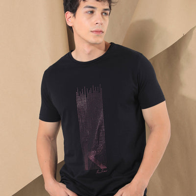 RARE RABBIT MEN'S DOTTER BLACK T-SHIRT COTTON FABRIC CREW NECK HALF SLEEVES SLIM FIT