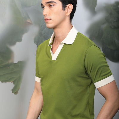 Rare Rabbit Men's Carmelo Olive Cotton Fabric Johnny Collar Contrasting Sleeves And Collar Half Sleeve Polo T-Shirt