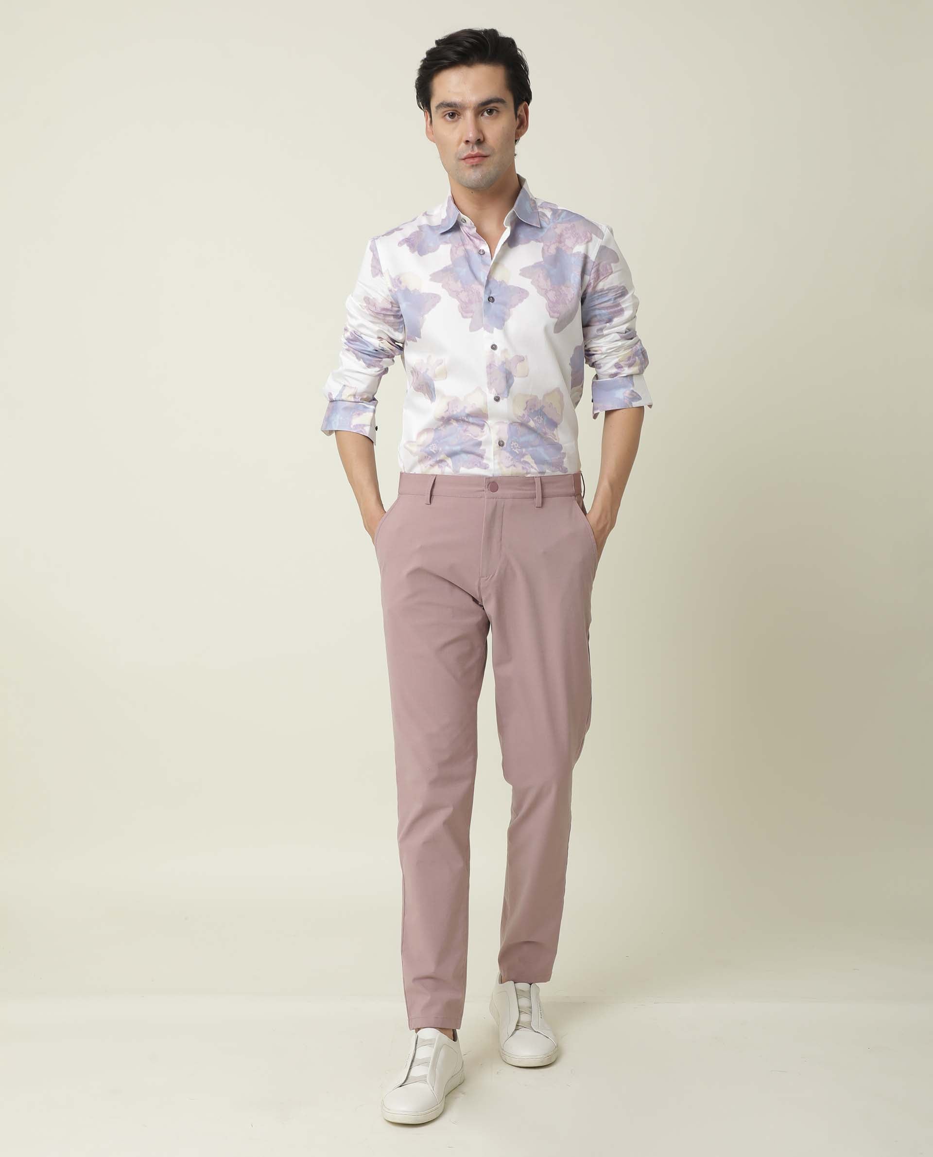 Rare Rabbit Men's Driver Pink Polyester Viscose Fabric Button & Zip Closure Slim Fit Trouser