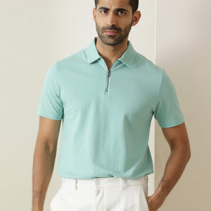 Rare Rabbit Men's Stel Pastel Green Cotton Fabric Collared Neck Zipper Closure Half Sleeves Flat Knit Polo T-Shirt