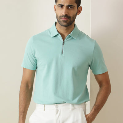 Rare Rabbit Men's Stel Pastel Green Cotton Fabric Collared Neck Zipper Closure Half Sleeves Flat Knit Polo T-Shirt