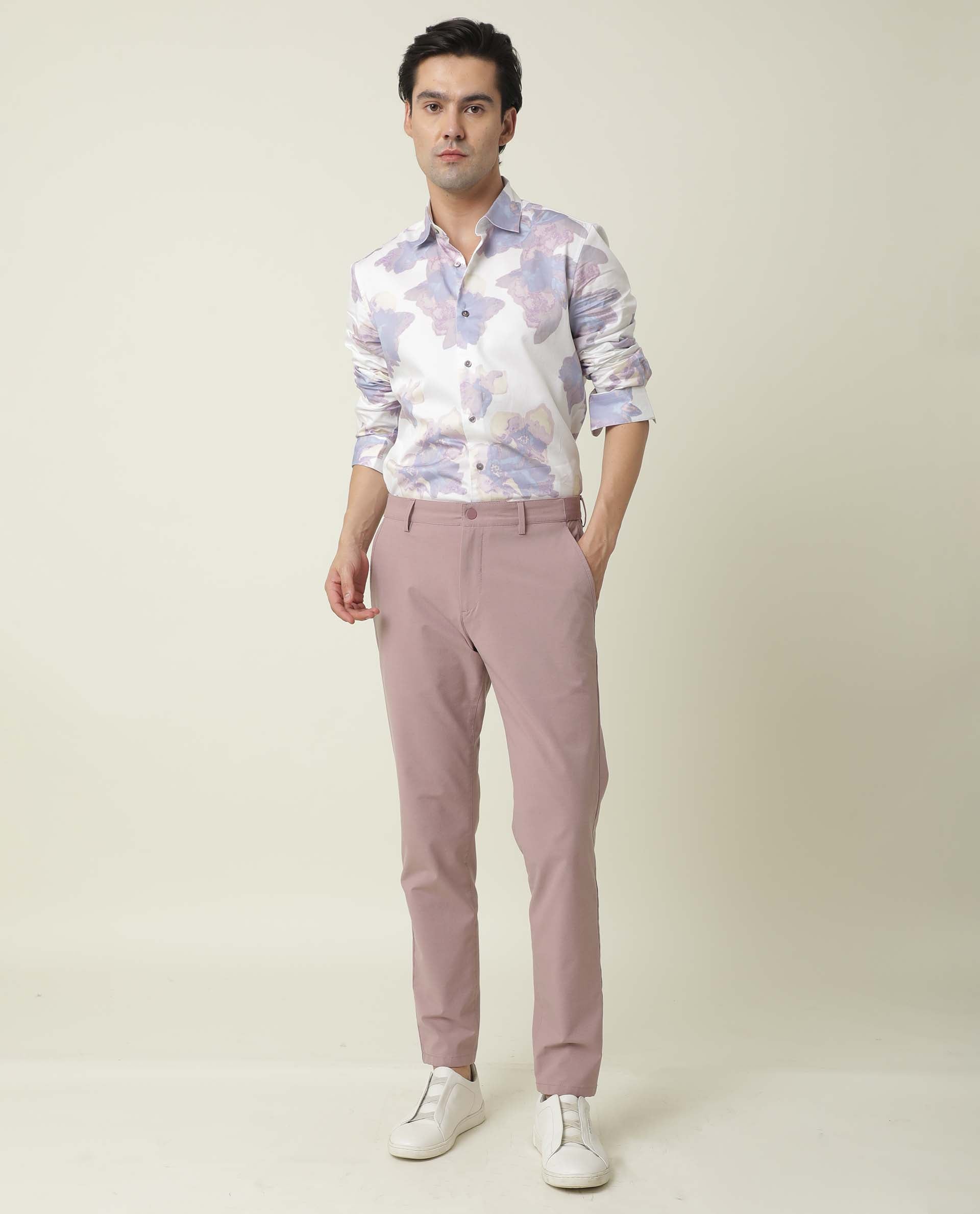 Rare Rabbit Men's Driver Pink Polyester Viscose Fabric Button & Zip Closure Slim Fit Trouser