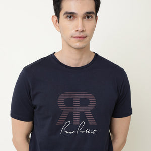 RARE RABBIT MENS NEAR NAVY T-SHIRT COTTON FABRIC SLIM FIT CREW NECK SHORT SLEEVE GRAPHIC PRINT