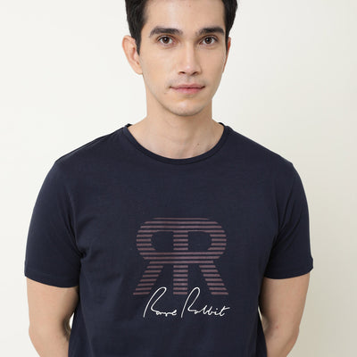 RARE RABBIT MENS NEAR NAVY T-SHIRT COTTON FABRIC SLIM FIT CREW NECK SHORT SLEEVE GRAPHIC PRINT