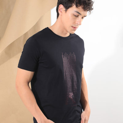 RARE RABBIT MEN'S DOTTER BLACK T-SHIRT COTTON FABRIC CREW NECK HALF SLEEVES SLIM FIT