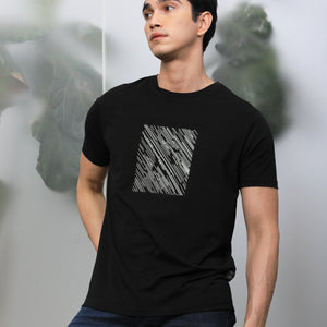 Rare Rabbit Men's Otter Black Cotton Lycra Fabric Half Sleeves Graphic Print T-Shirt