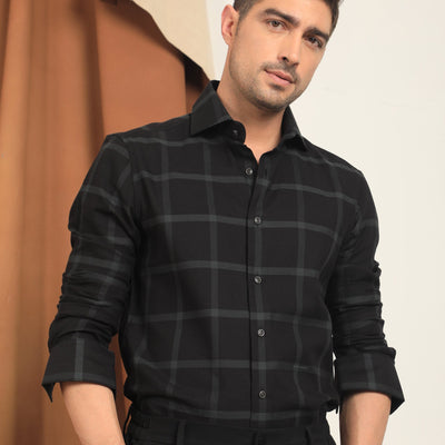 Rare Rabbit Men's Nielson Black Cotton Fabric Full Sleeves Checks Shirt