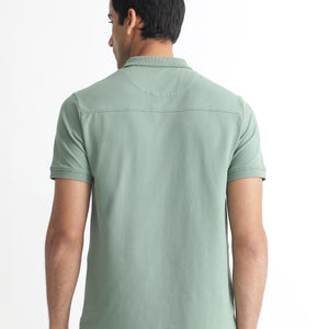 Rare Rabbit Men's Saliso Light Green Cotton Fabric Collared Neck Zipper and Snap Button Closure Half Sleeve Polo T-Shirt