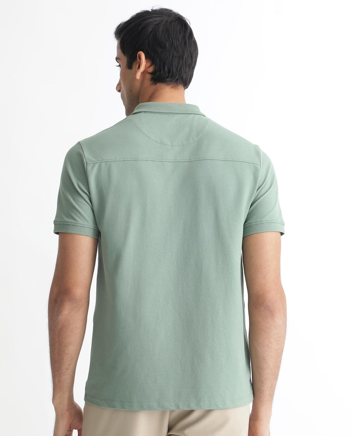 Rare Rabbit Men's Saliso Light Green Cotton Fabric Collared Neck Zipper and Snap Button Closure Half Sleeve Polo T-Shirt