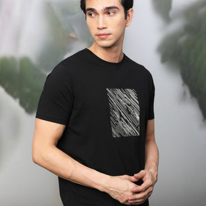 Rare Rabbit Men's Otter Black Cotton Lycra Fabric Half Sleeves Graphic Print T-Shirt