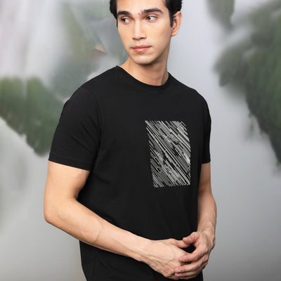 Rare Rabbit Men's Otter Black Cotton Lycra Fabric Half Sleeves Graphic Print T-Shirt