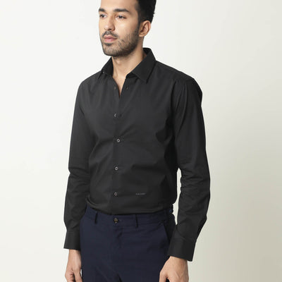 RARE RABBIT MEN'S NEUTRO LS BLACK SHIRT COTTON POLYESTER FABRIC COLLARED NECK FULL SLEEVES BUTTON CLOSURE SLIM FIT