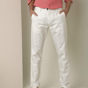 Rare Rabbit Men's Jeck White Mid-Rise Regular Fit Premium Jacquard Trouser