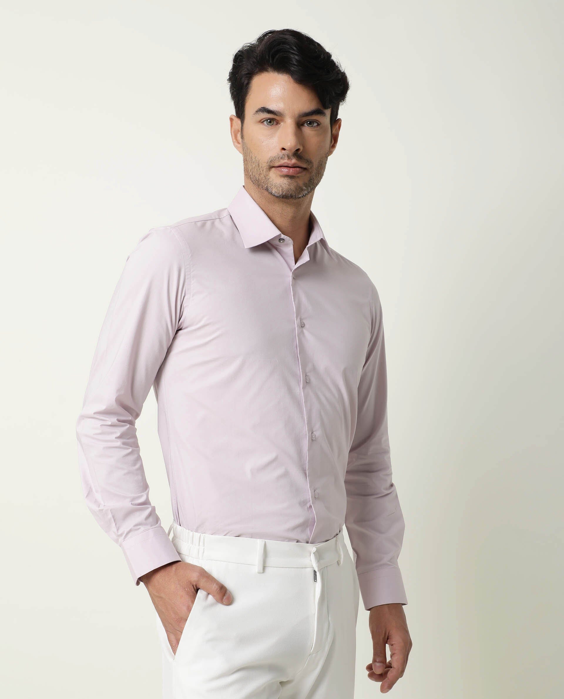 RARE RABBIT MEN'S NEUTRO LS PASTEL PURPLE SHIRT COTTON POLYESTER FABRIC COLLARED NECK FULL SLEEVES BUTTON CLOSURE SLIM FIT
