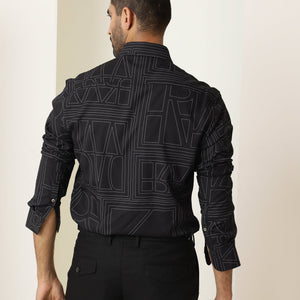 Rare Rabbit Men's Malfor Black Viscose Fabric Graphic Print Full Sleeves Shirt