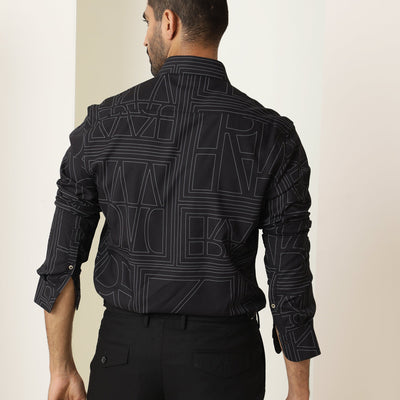 Rare Rabbit Men's Malfor Black Viscose Fabric Graphic Print Full Sleeves Shirt
