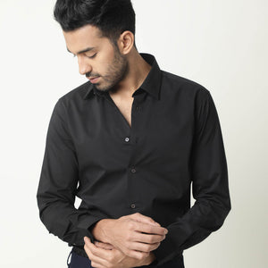 RARE RABBIT MEN'S NEUTRO LS BLACK SHIRT COTTON POLYESTER FABRIC COLLARED NECK FULL SLEEVES BUTTON CLOSURE SLIM FIT