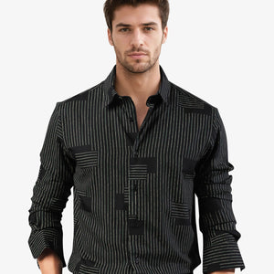 Rare Rabbit Men's Anthem Black Viscose Fabric Geometric Print Full Sleeves Shirt