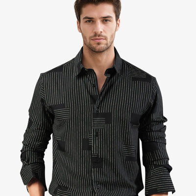 Rare Rabbit Men's Anthem Black Viscose Fabric Geometric Print Full Sleeves Shirt