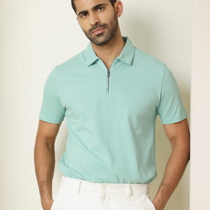 Rare Rabbit Men's Stel Pastel Green Cotton Fabric Collared Neck Zipper Closure Half Sleeves Flat Knit Polo T-Shirt