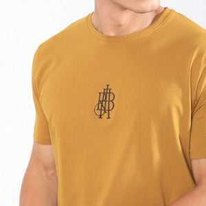 Rare Rabbit Men's Ware Mustard Cotton Lycra Fabric Crew Neck Half Sleeves Regular Fit Embroidered Monogram T-Shirt