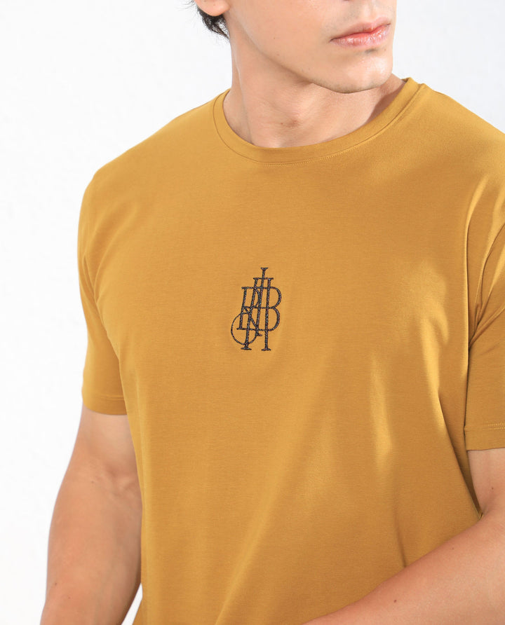 Rare Rabbit Men's Ware Mustard Cotton Lycra Fabric Crew Neck Half Sleeves Regular Fit Embroidered Monogram T-Shirt