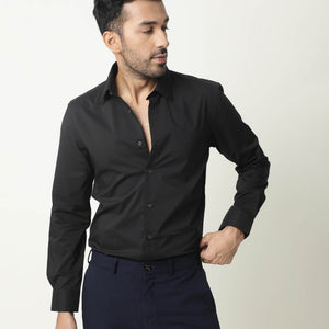 RARE RABBIT MEN'S NEUTRO LS BLACK SHIRT COTTON POLYESTER FABRIC COLLARED NECK FULL SLEEVES BUTTON CLOSURE SLIM FIT