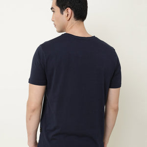 RARE RABBIT MENS NEAR NAVY T-SHIRT COTTON FABRIC SLIM FIT CREW NECK SHORT SLEEVE GRAPHIC PRINT