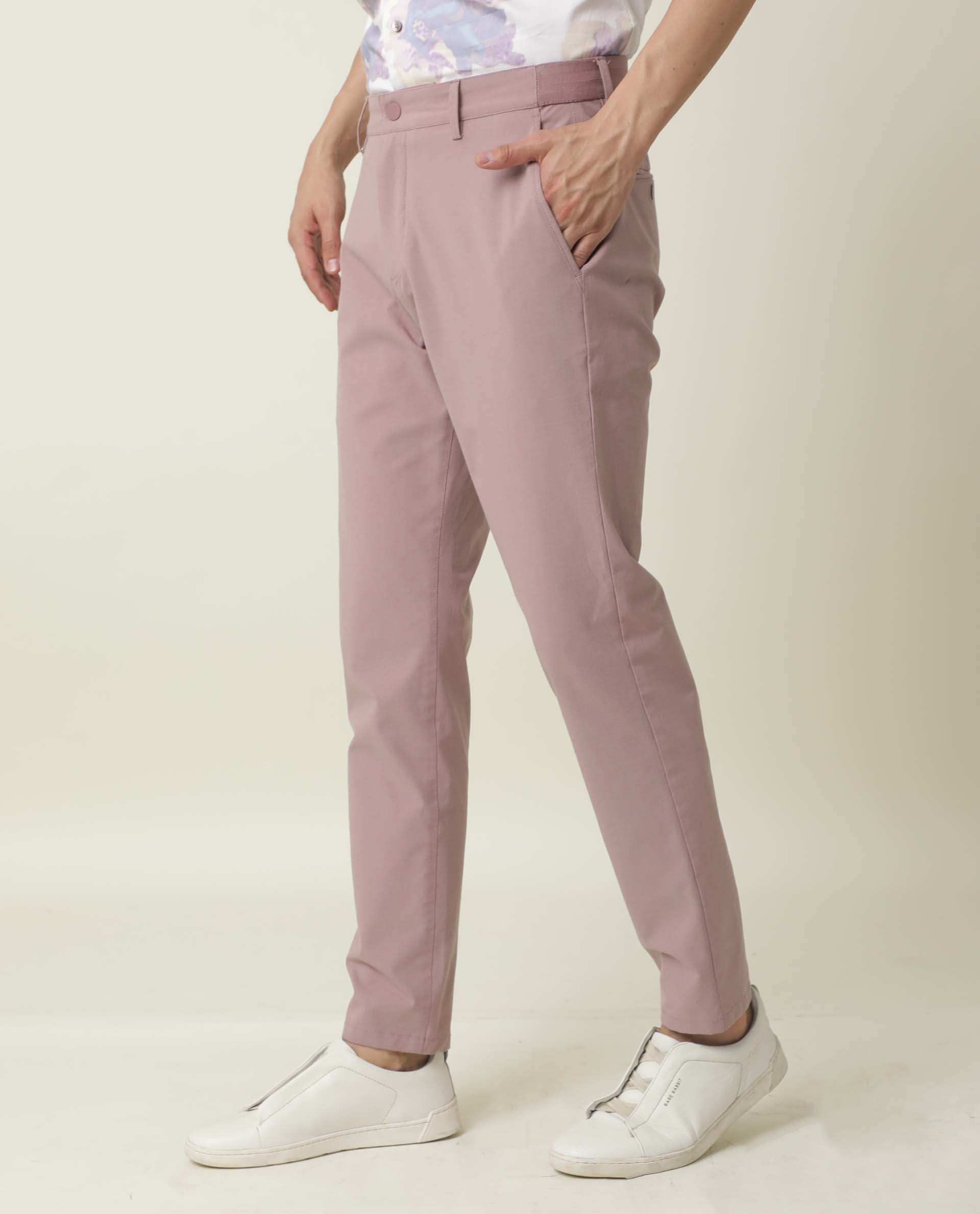 Rare Rabbit Men's Driver Pink Polyester Viscose Fabric Button & Zip Closure Slim Fit Trouser