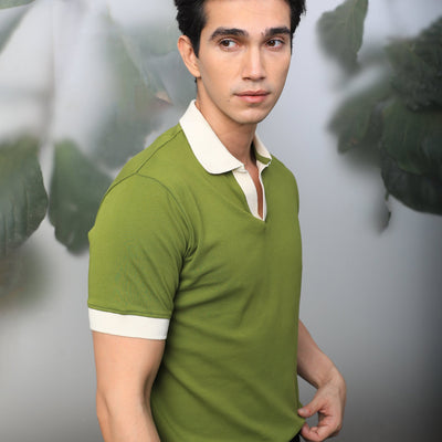 Rare Rabbit Men's Carmelo Olive Cotton Fabric Johnny Collar Contrasting Sleeves And Collar Half Sleeve Polo T-Shirt