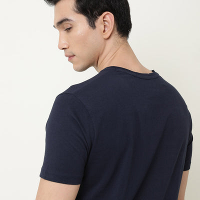 RARE RABBIT MENS NEAR NAVY T-SHIRT COTTON FABRIC SLIM FIT CREW NECK SHORT SLEEVE GRAPHIC PRINT