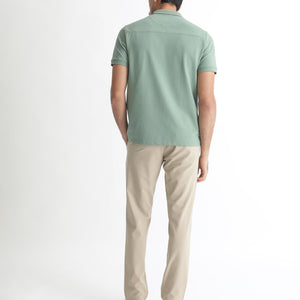 Rare Rabbit Men's Saliso Light Green Cotton Fabric Collared Neck Zipper and Snap Button Closure Half Sleeve Polo T-Shirt