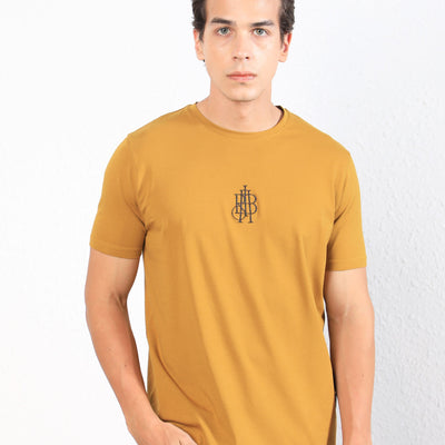Rare Rabbit Men's Ware Mustard Cotton Lycra Fabric Crew Neck Half Sleeves Regular Fit Embroidered Monogram T-Shirt