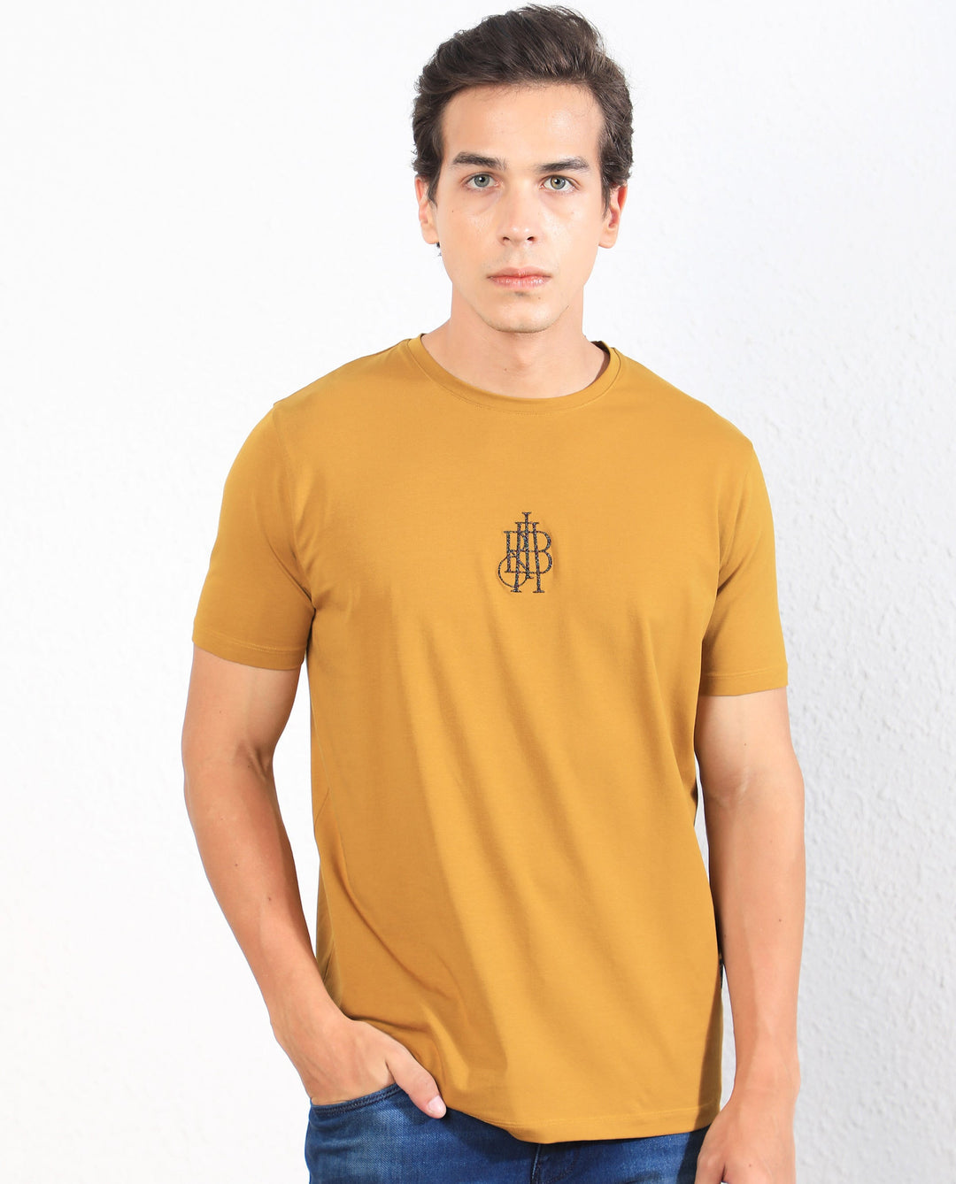 Rare Rabbit Men's Ware Mustard Cotton Lycra Fabric Crew Neck Half Sleeves Regular Fit Embroidered Monogram T-Shirt