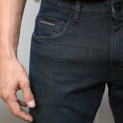 Rare Rabbit Men's Genevo Dusky Blue Mid-Rise Dark Wash Regular Fit Jeans