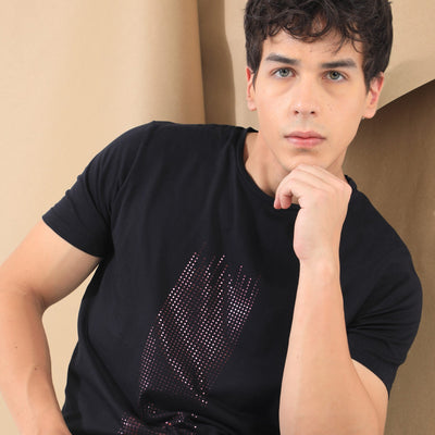 RARE RABBIT MEN'S DOTTER BLACK T-SHIRT COTTON FABRIC CREW NECK HALF SLEEVES SLIM FIT