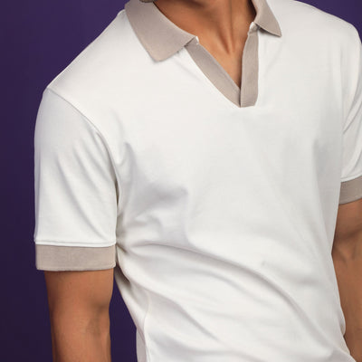 Rare Rabbit Men's Carmelo Off-White Cotton Fabric Johnny Collar Contrasting Sleeves And Collar Half Sleeve Polo T-Shirt